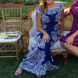 Elegant Blue & white embroidered evening gown